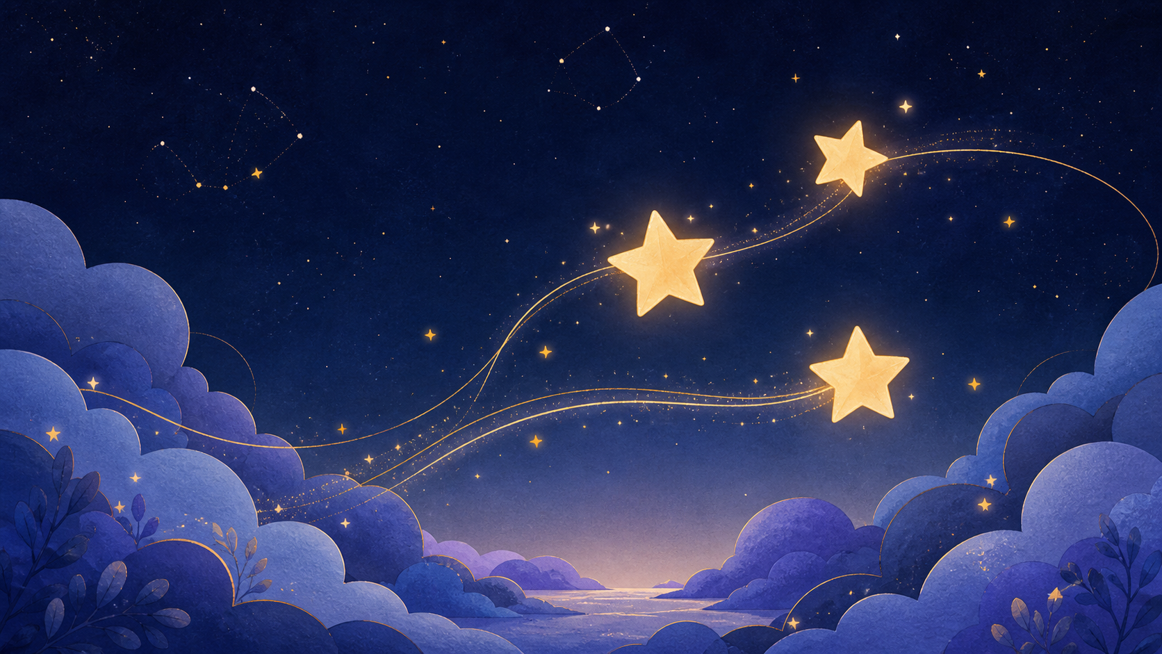 Three warm golden stars drifting in gentle arcs through a navy sky above layered periwinkle clouds